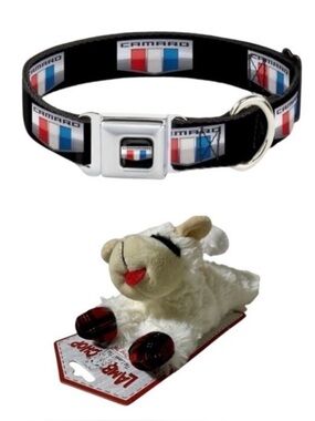 Dog Bundle: Camaro Seatbelt Buckle Dog Collar Wide Small + Lamb Chop Holiday Toy